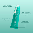 Mayskin eye cream tube with text on a teal background