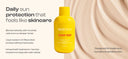 Yellow bottle of Mayskin sunscreen with product details