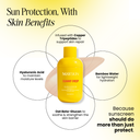 Yellow bottle of Mayskin Sunny Drip sunscreen with text highlighting skin benefits