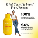 Woman holding a sunny drip sunscreen bottle with promotional text